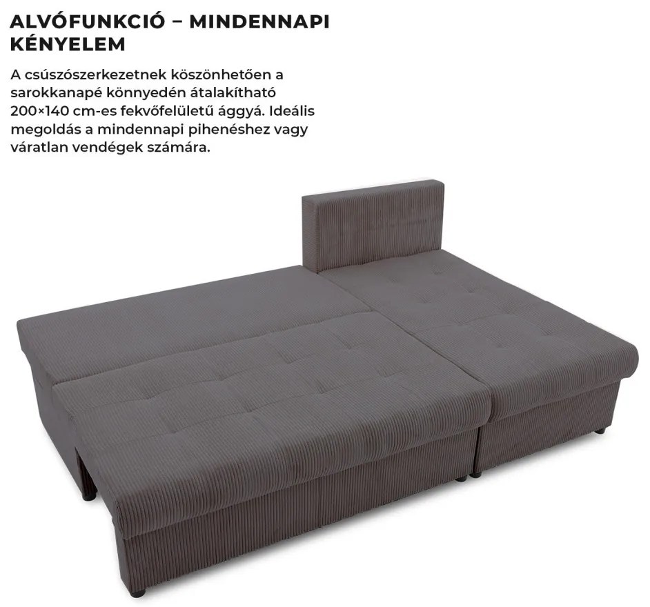Venezia sarokkanapé, kordbársony, univerzális oldal, hab töltet, szürke