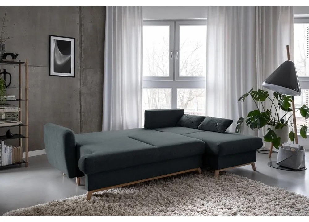 Sötétszürke kinyitható-tárolóhelyes sarokkanapé (jobb oldali-heverő résszel) Scandic Lagom – Miuform