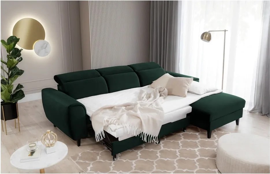 Sötétzöld bársony kinyitható-tárolóhelyes sarokkanapé (jobb oldali-heverő résszel) Foble – ELTAP