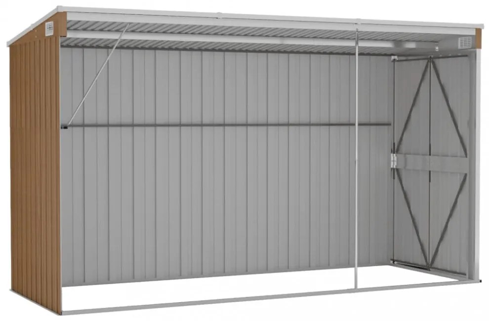 barna színű, falra szerelhető kerti fészer 118 x 288 x 178 cm horganyzott acélból