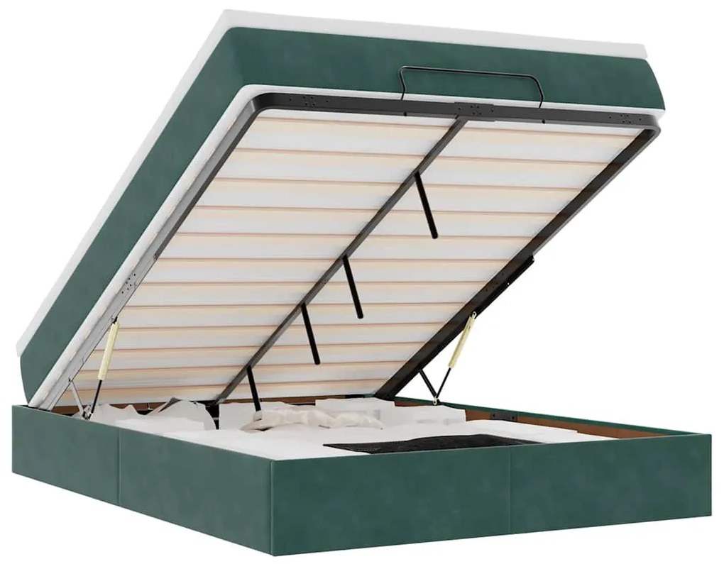 Ottomán ágykeret matraccal sötétzöld 140x190cm bársony