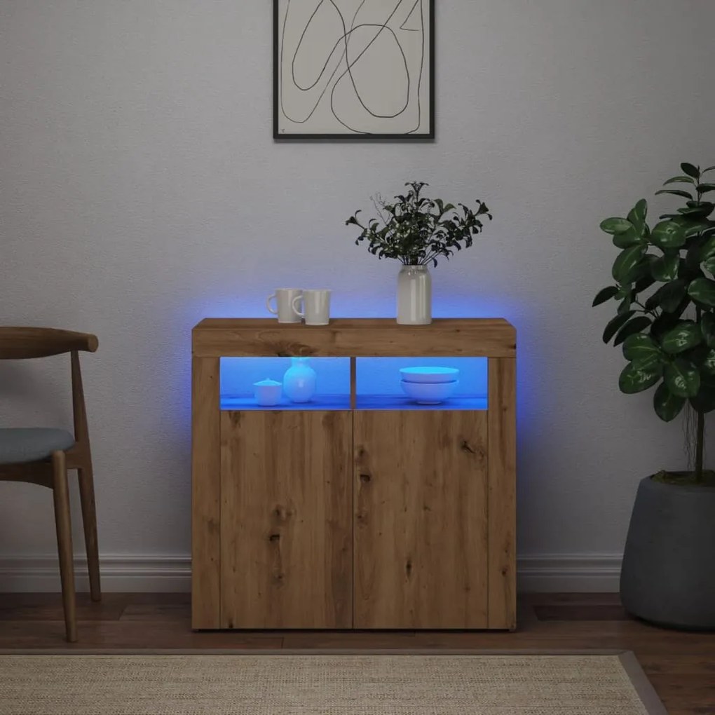 kézműves tölgy szerelt fa tálalószekrény LED-ekkel 80x35x75 cm