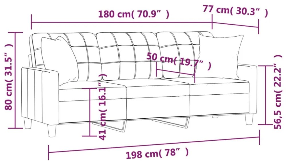 3 személyes szürke műbőr kanapé díszpárnákkal 180 cm