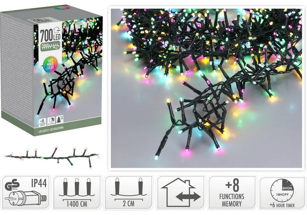 Macaron kültéri fényfüzér, 14 m, 700 LED, színek(zöld, narancs, kék, rózsaszín), időzítő, IP44, 14 m