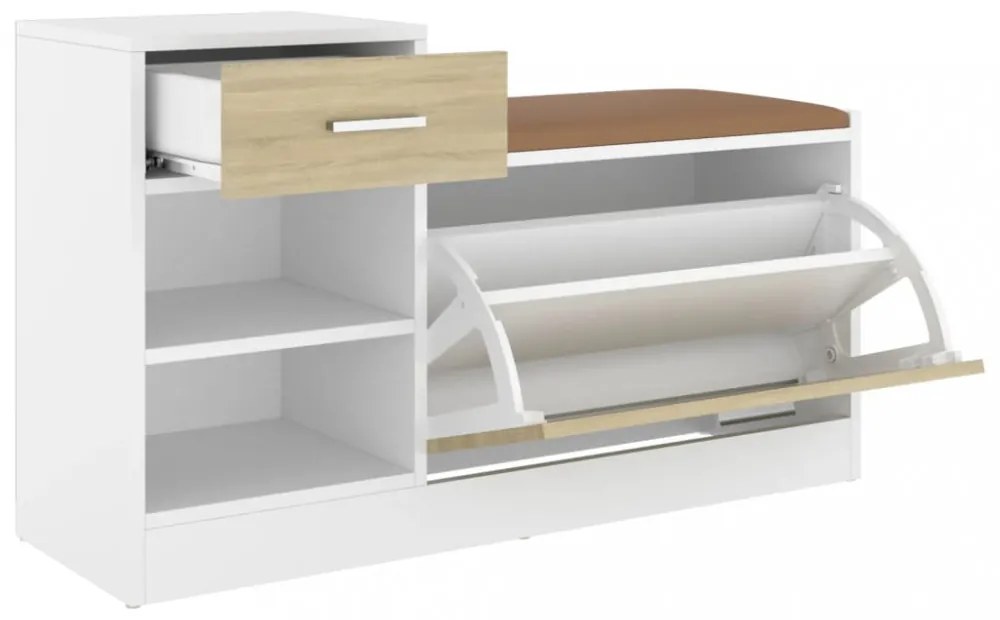fehér és sonoma tölgy szerelt fa cipőtároló pad 94,5x31x57 cm