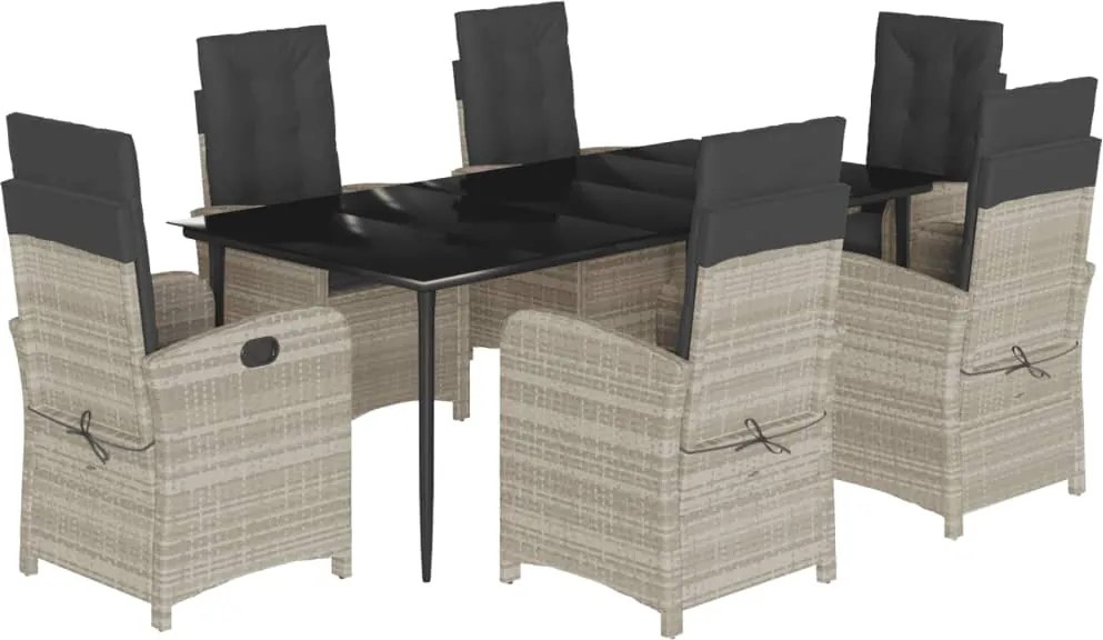 vidaXL 7 részes világosszürke polyrattan kerti étkezőszett párnával