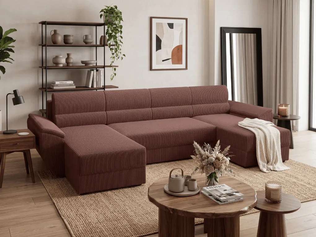 Ágyazható U alakú kanapé TAVERO 321x140 cm, sötétrózsaszín színű