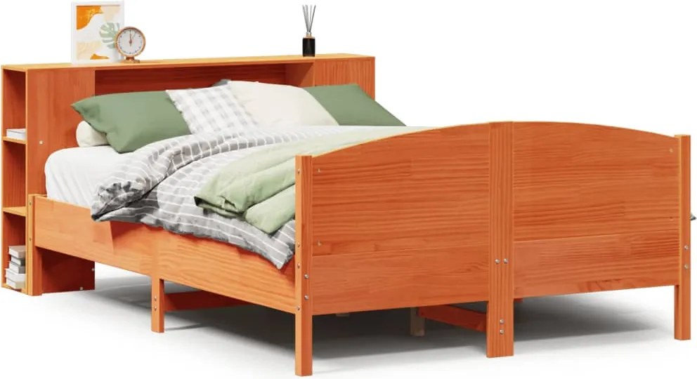 vidaXL barna tömör fenyőfa könyvespolcos ágy matrac nélkül 140 x 190cm