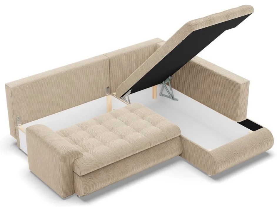 Tokio sarokkanapé, L alakú háttámlával, 2 ágyneműtartóval, kordbársony, jobboldali, bézs