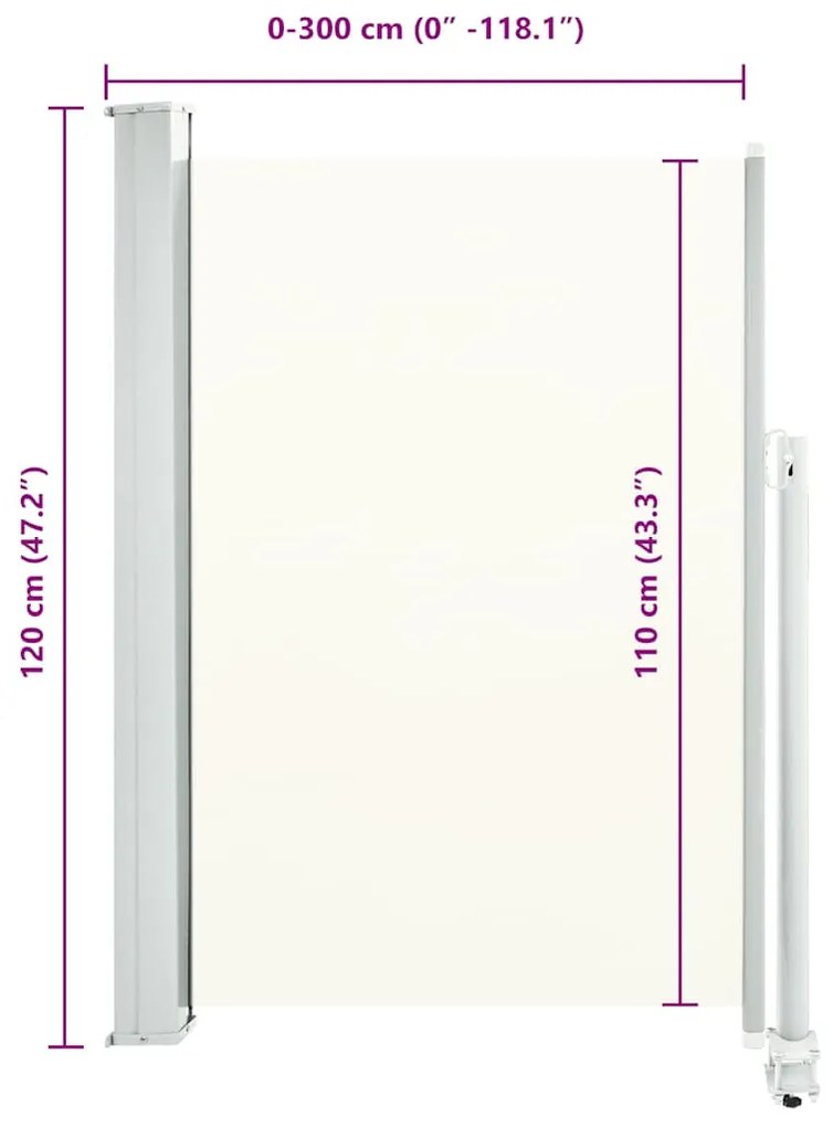 krémszínű behúzható oldalsó terasz napellenző 120 x 300 cm