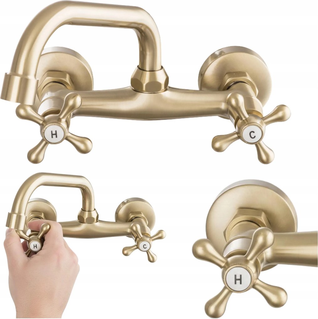 Fürdőszobai Mosdó Csaptelep Fali Retro Arany Szálcsiszolt Forgó