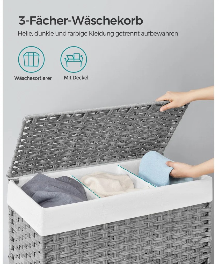 Kézzel fonott rattan stílusú szennyeskosár 3 rekesszel 140L, szürke