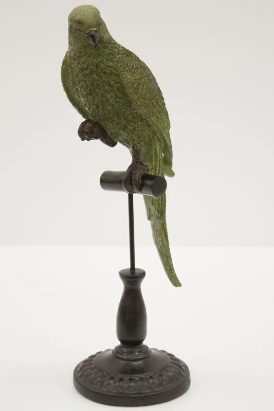 Tropical design sötétzöld papagáj szobor barna állványon 44x15,5x13,5cm