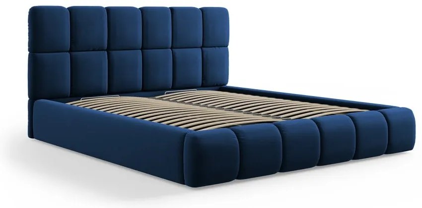 Sötétkék bársony kárpitozott ágyneműtartós franciaágy ágyráccsal 180x200 cm Bellis – Micadoni