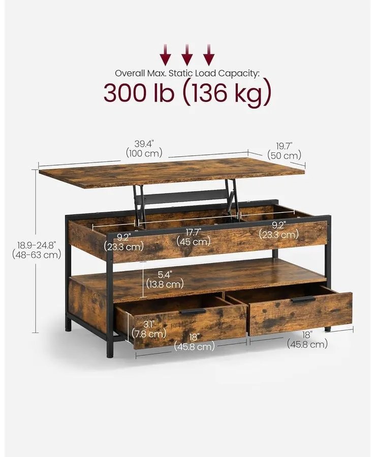 VASAGLE felnyitható fedelű dohányzóasztal rusztikus barna és tintafekete színben