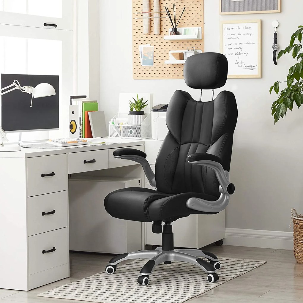 Ergonomikus irodai forgószék felhajtható karfákkal és állítható fejtámlával, fekete PU műbőr, 150 kg