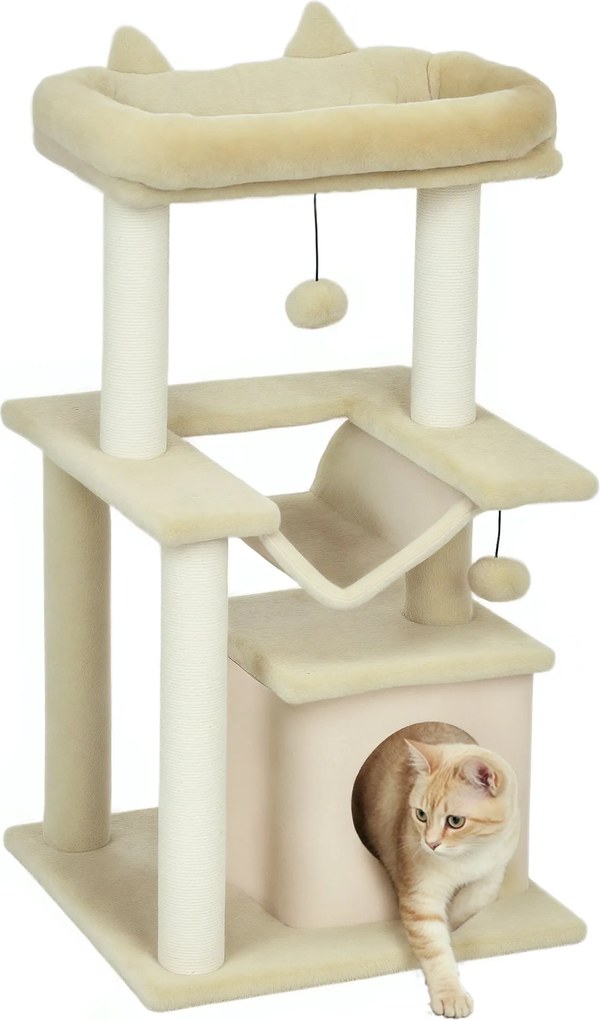 PawHut Macskafa 90 cm Kaparófával és Hintaágyas Játékfával Macskaodúval, Platformokkal, Mászófával és Aktív Kaparófával, Plüss Sisakkal, Krém | Aosom