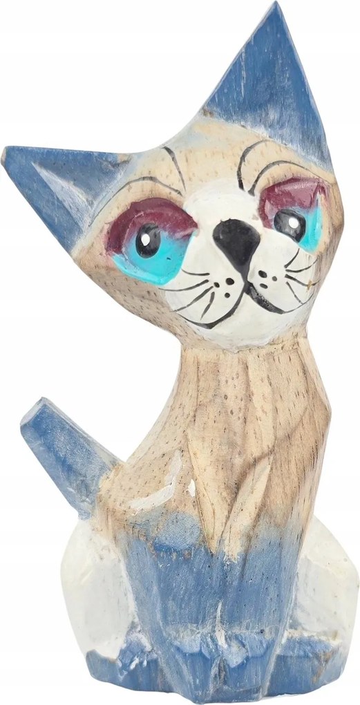 Dekoratív Macska figura Fa Faragott Kézzel Készített Festett Cica *10 cm
