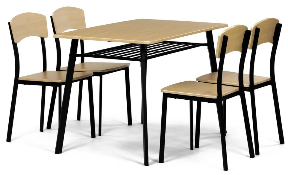 Set de sufragerie Masă cu Patru Scaune, MDF, decor Stejar Natural, cadru metalic negru