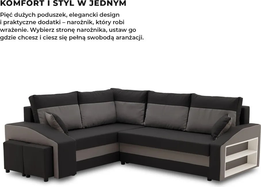 Grande sarokkanapé polcokkal és puffokkal , polc a jobb karfaban puffok a bal karfaban, baloldali, szövet anyag, bonell töltet, fekete - szürke