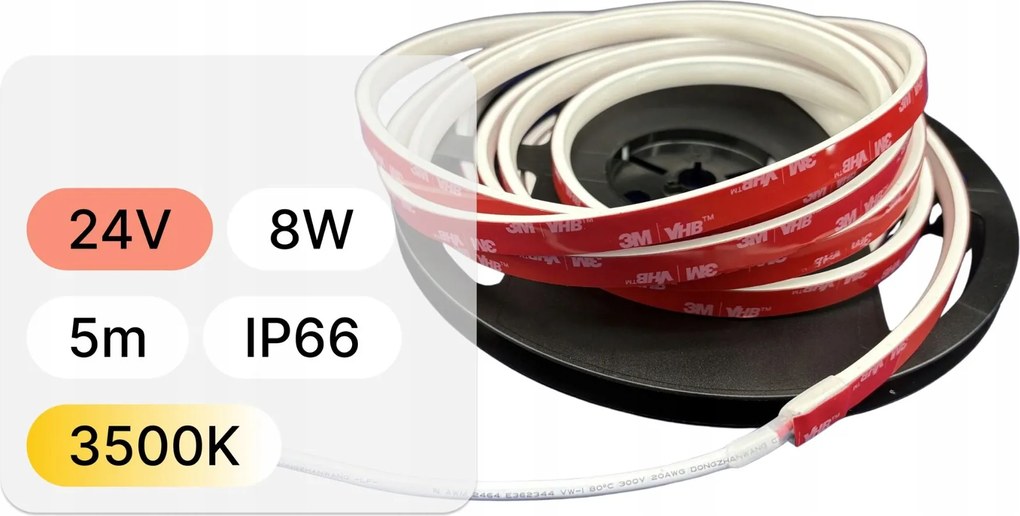 5mb Led Szalag 24V 8W 320 LEDs Cob IP66 3500K Ra>90 9,8x5,5