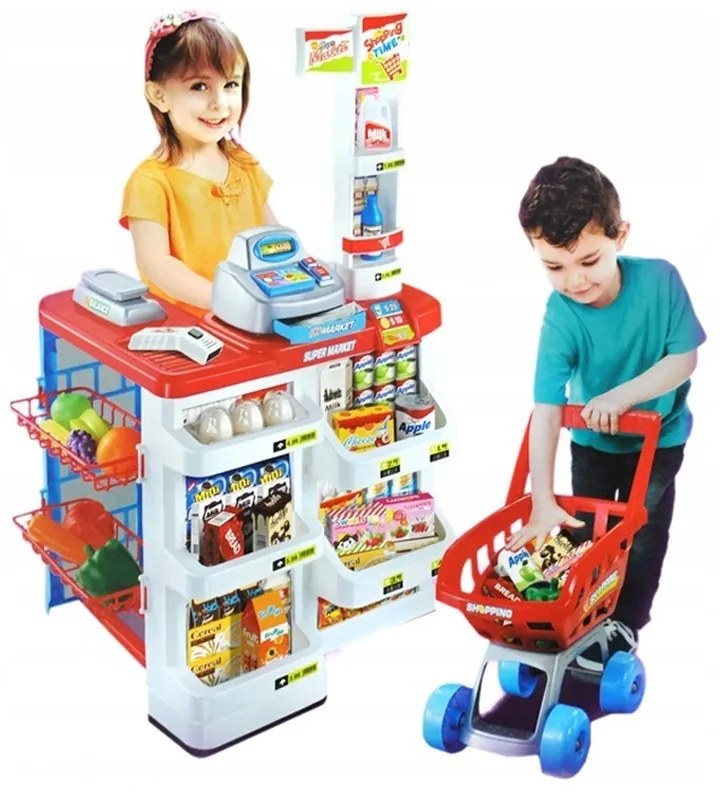 PROCART Szupermarket készlet, 24 kiegészítő, fények, hangeffektusok, bevásárlókosár, pénztárgép, 82x50x44 cm