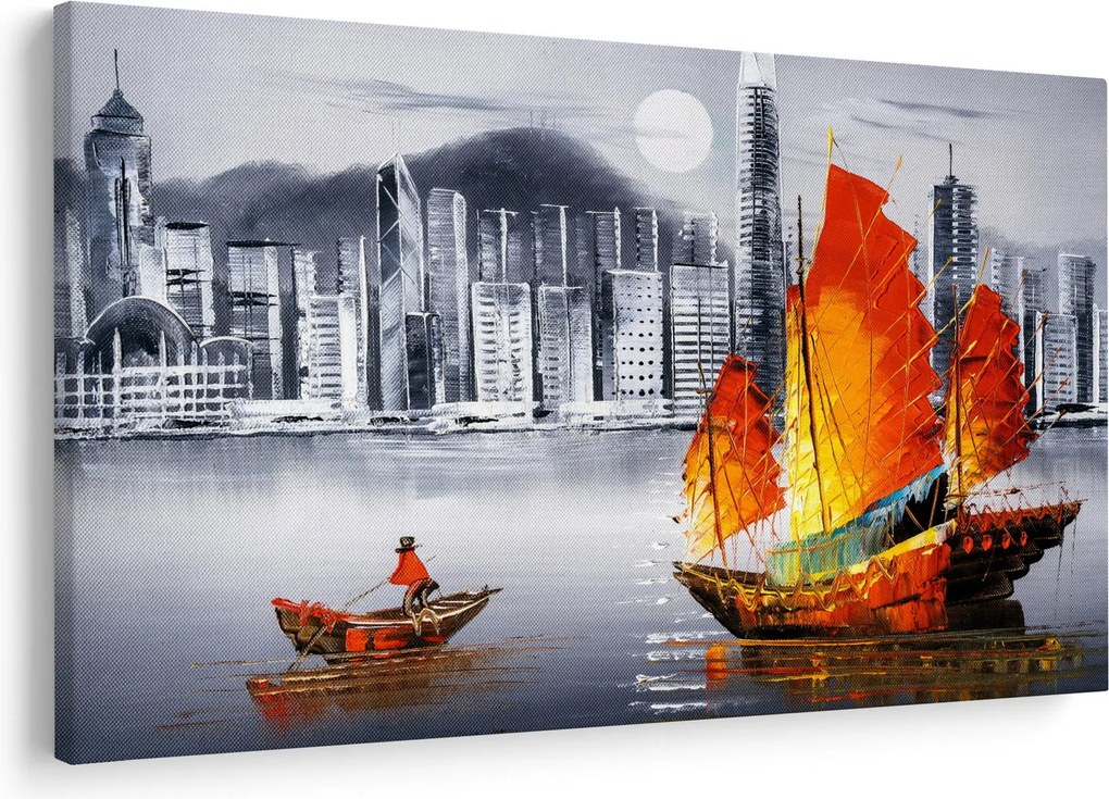 Festmény - Victoria Harbour, Hong Kong, fekete-fehér olajfestmény (90x60 cm)