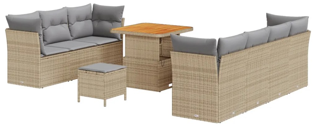 10 Darabos Kert Sofa Szett Párnákkal Bézs Poli Rattan Akác, 3 Darabos Kert Étkező Szett Párnákkal Bézs Poli Rattan Akác
