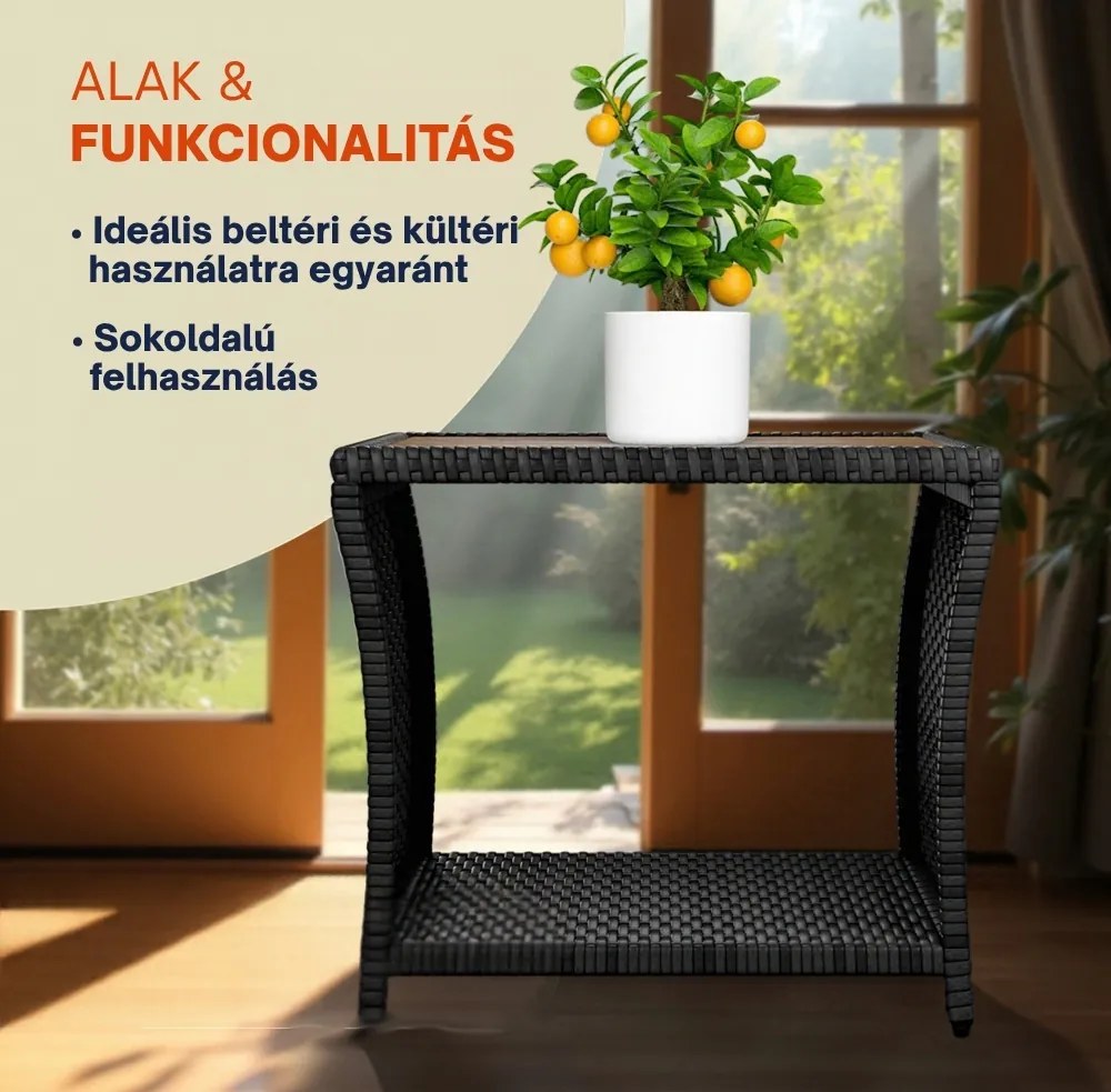 ROCCO polyrattan oldalasztal akácfával, 40x45x45cm, barna/szürke Casaria