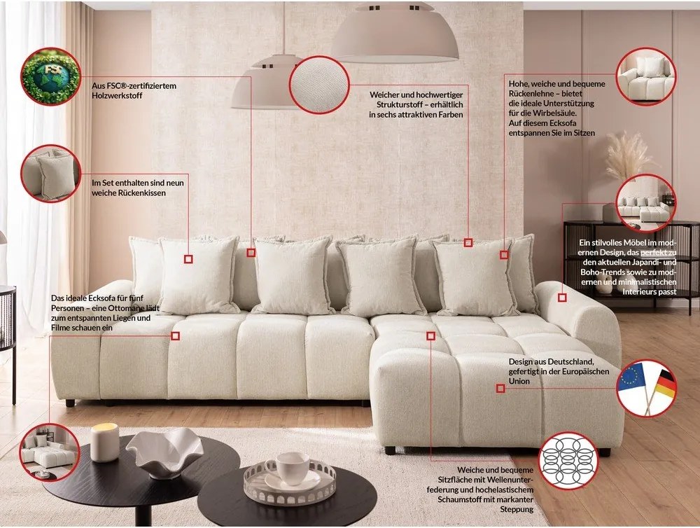 Bézs sarokkanapé (jobb oldali-heverő résszel) Albane – Ropez