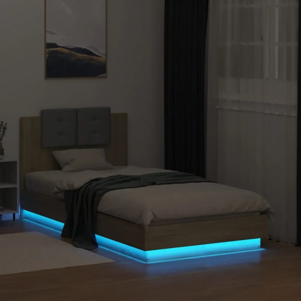 sonoma tölgy színű ágykeret fejtámlával és LED-ekkel 75x190 cm