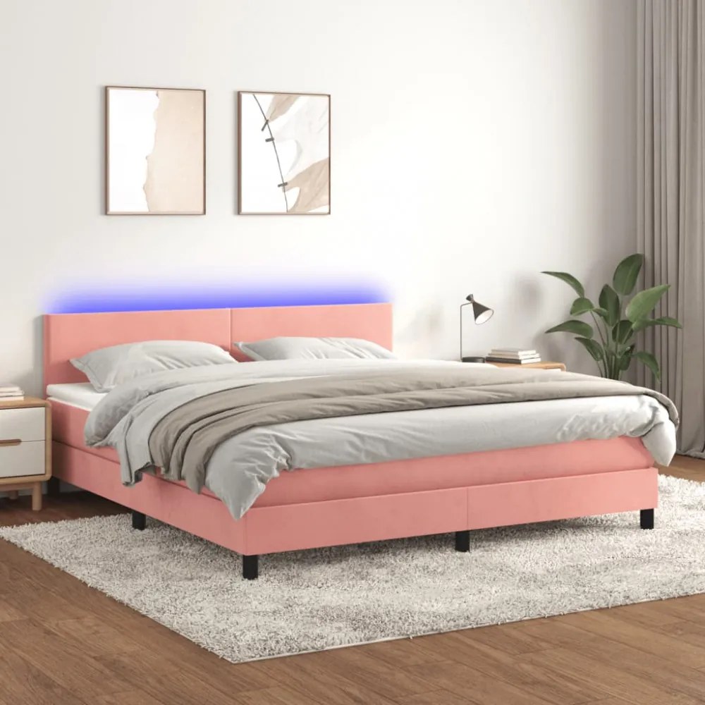 rózsaszín bársony rugós és LED-es ágy matraccal 160x200 cm