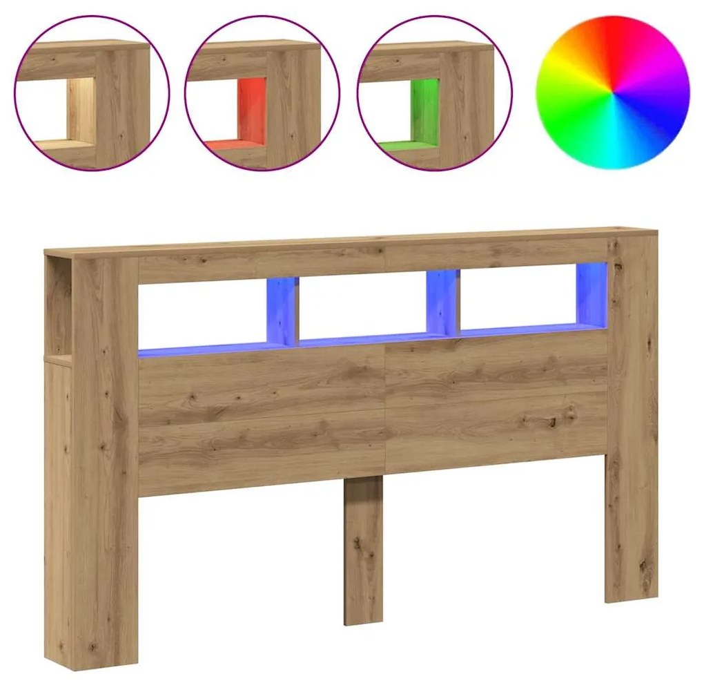 kézműves tölgyszínű szerelt fa LED-es fejtámla 180x18,5x103,5cm