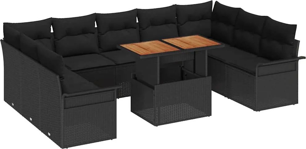 vidaXL Kerti Kanapé Szett tárolóval 10 pcs Fekete Poli rattan