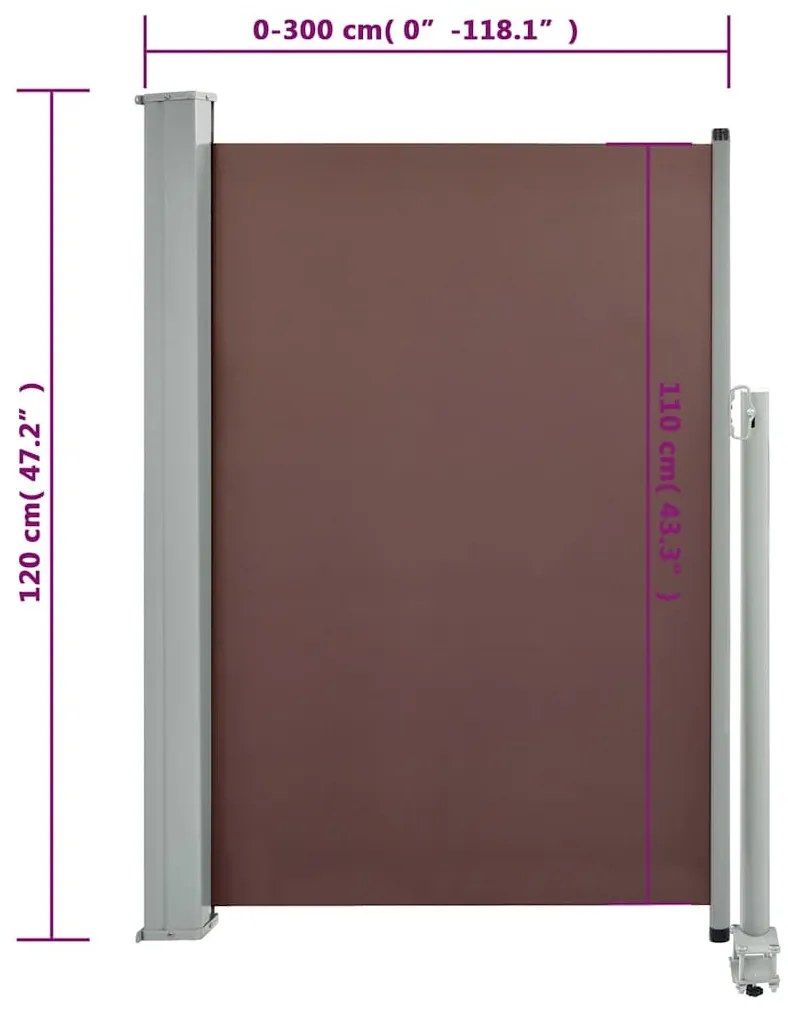barna behúzható oldalsó teraszi napellenző 120 x 300 cm