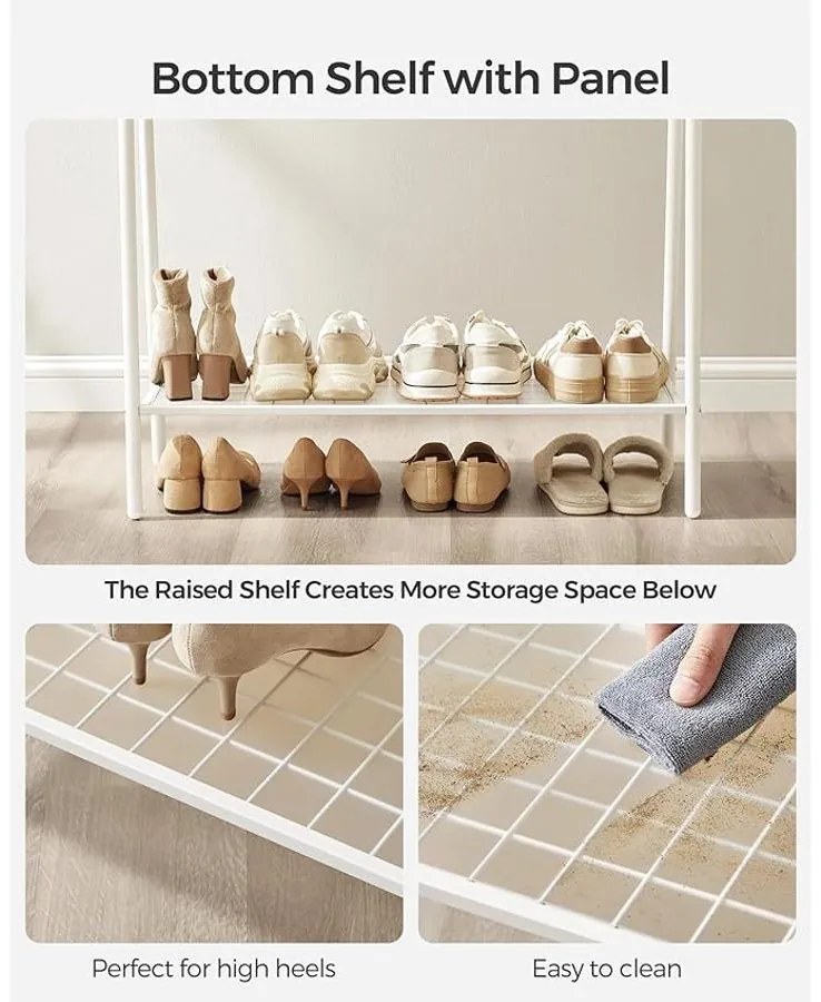 Ruhatartó állvány akasztórúddal és polccal, 33,5 × 92,5 × 153 cm, fehér színben