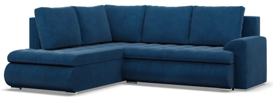 Tokio sarokkanapé, L alakú háttámlával, 2 ágyneműtartóval, kordbársony, baloldali, kék