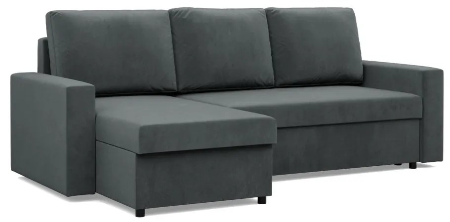 Zeus sarokkanapé, 1 ágyneműtartóval, egyenes kartámasz, bársony, univerzális oldal, bonell töltet, szürke