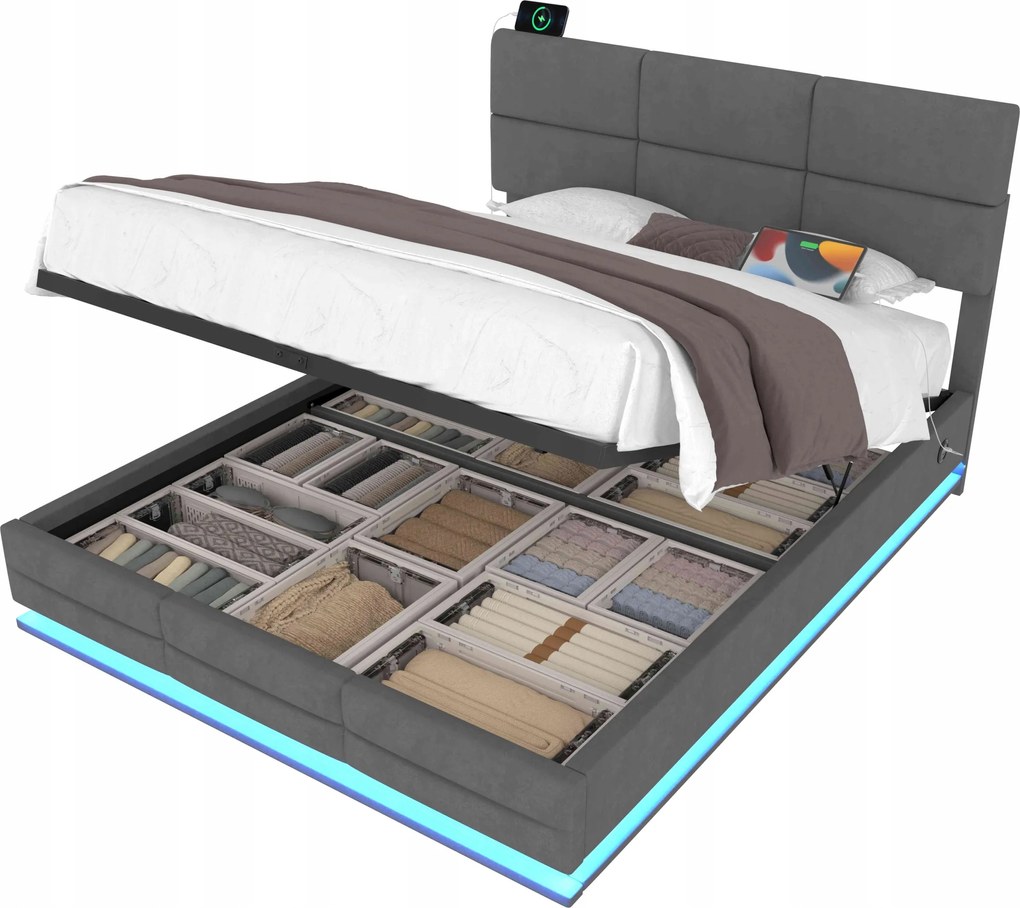 Kárpitozott ágy Dupla ágy Usb C Led 140x200 cm Hidraulikus szürke