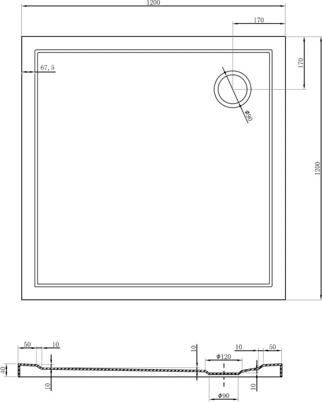 Mexen Flow négyzet alakú lapos zuhanytálca 120 x 120 cm, fekete matt - 46S701212