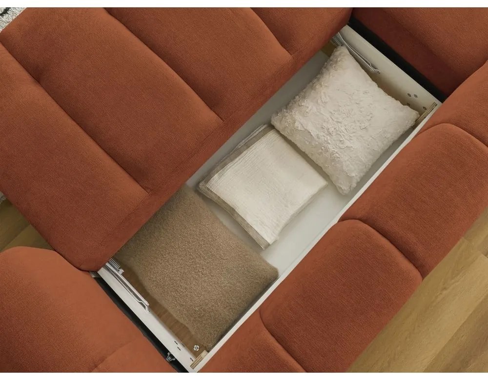 Téglavörös kinyitható-tárolóhelyes sarokkanapé (bal oldali-heverő résszel) Fuji – Bobochic Paris