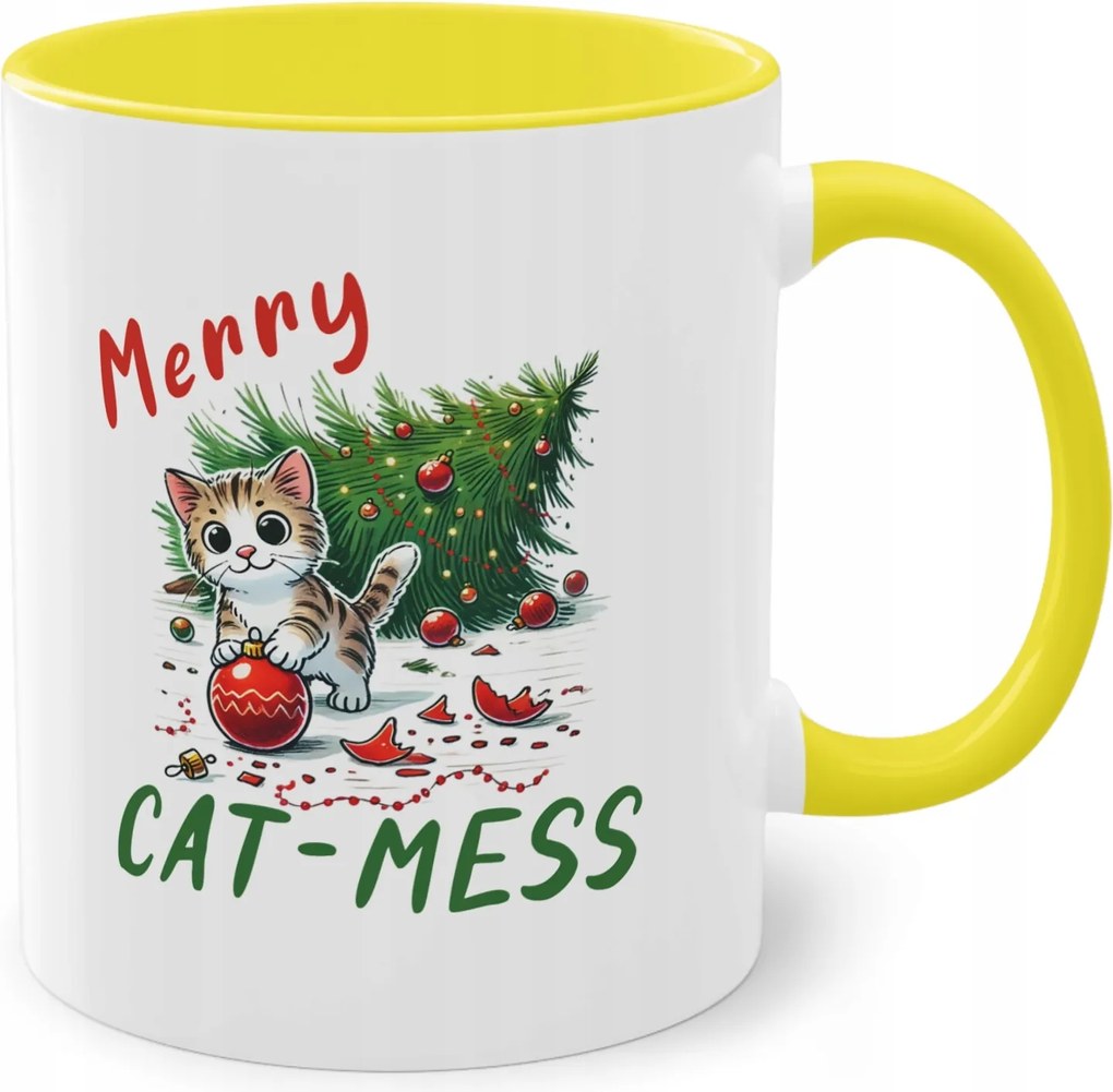 Sárga Bögre Nyomtatott Karácsonyi Rendetlenség Macska cicával Merry Cat-Mess