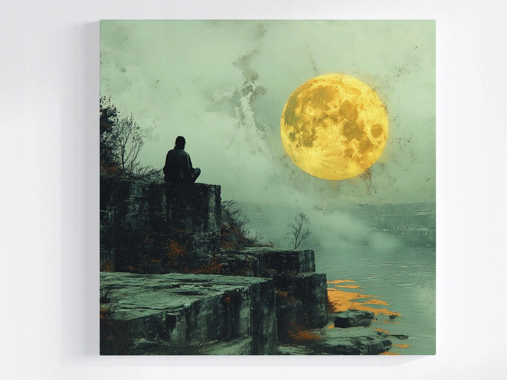 Poszter Ember Sziklák Víz Hold Éjszaka Meditáció 80x80