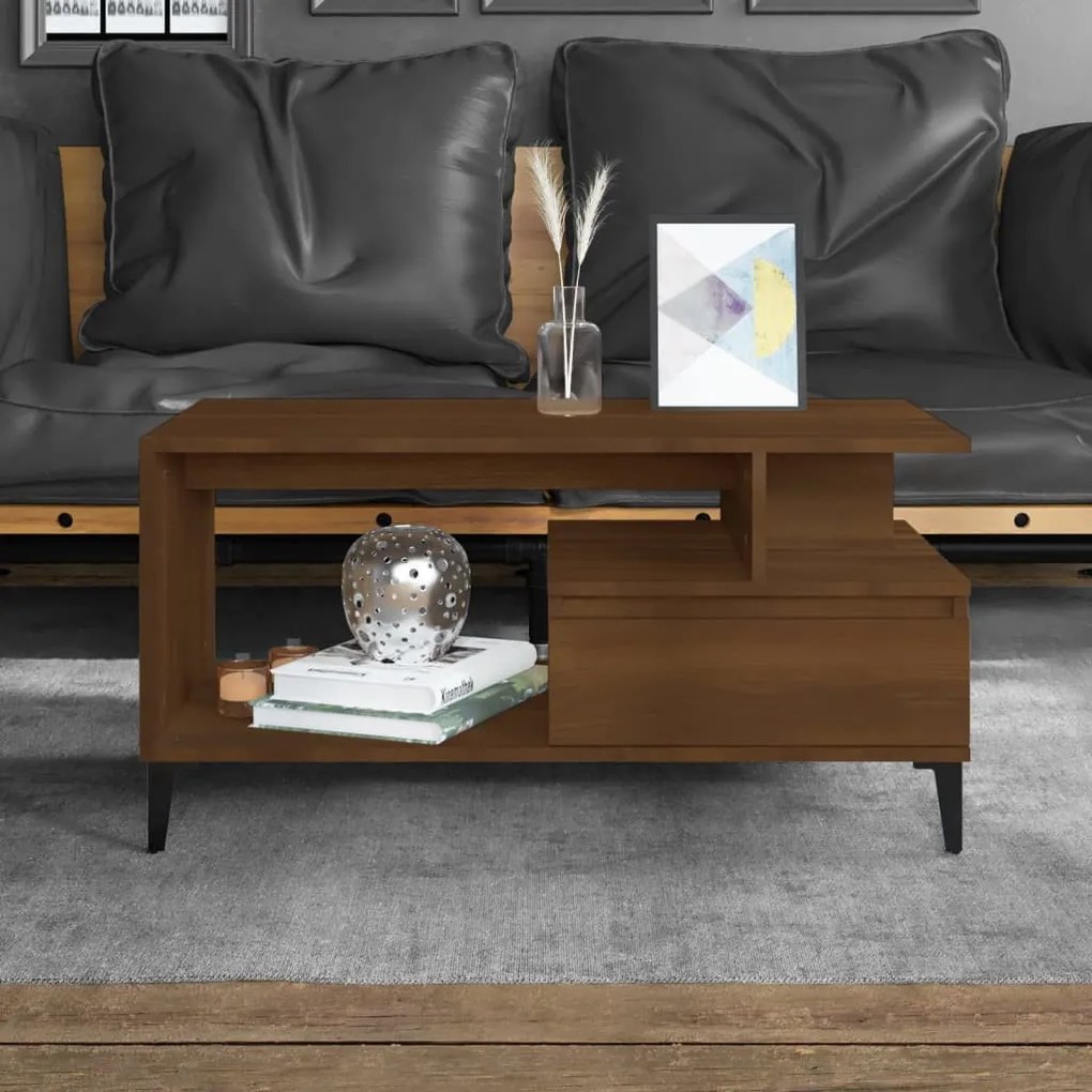 Barna tölgyszínű szerelt fa dohányzóasztal 90x49x45 cm