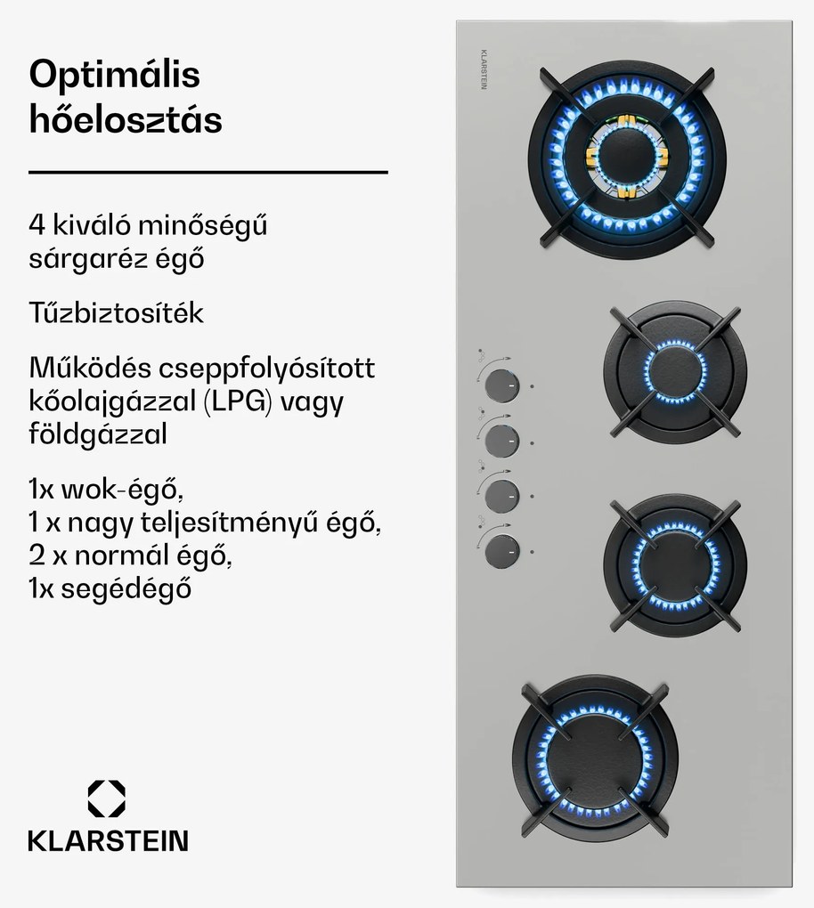 Klarstein Goldflame 4 Slim gáz főzőlap, 4 égő, folyékony vagy földgázhoz, elektromos gyújtás