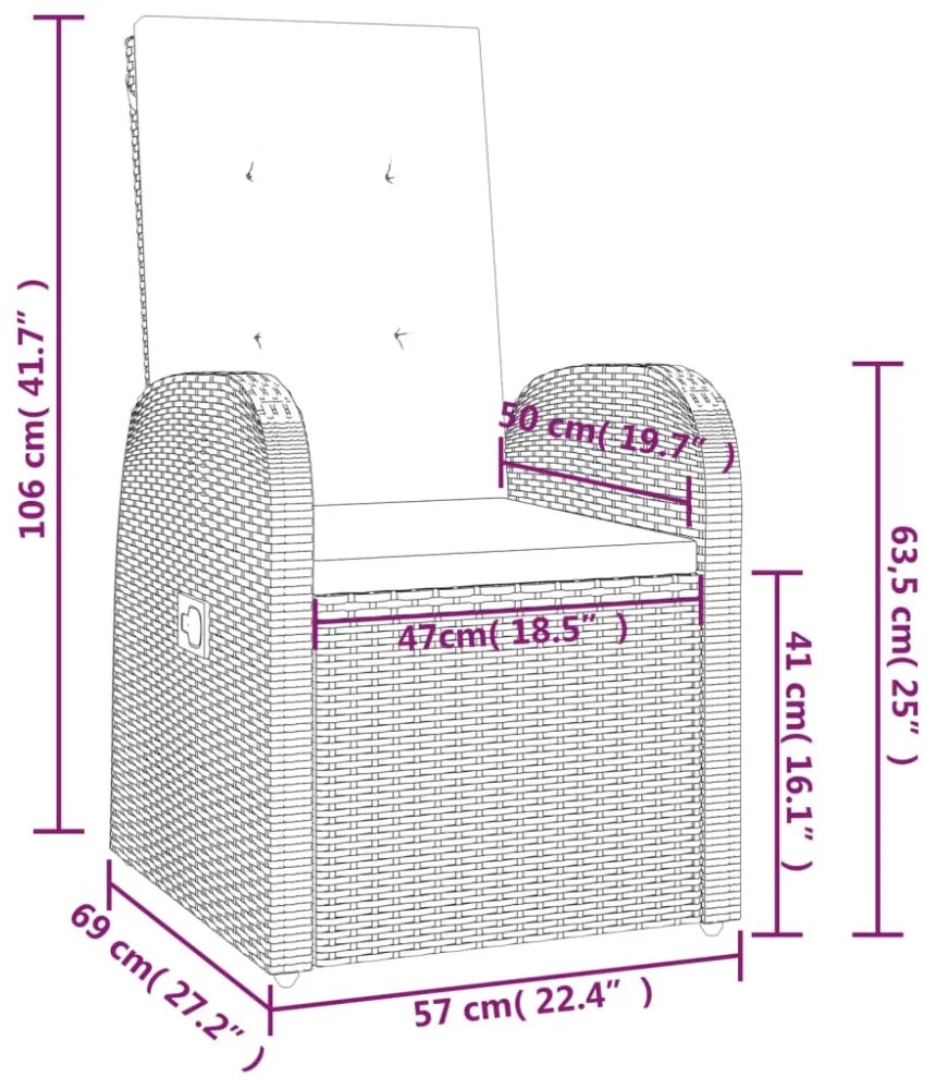 2 db szürke dönthető háttámlás polyrattan kerti szék párnával