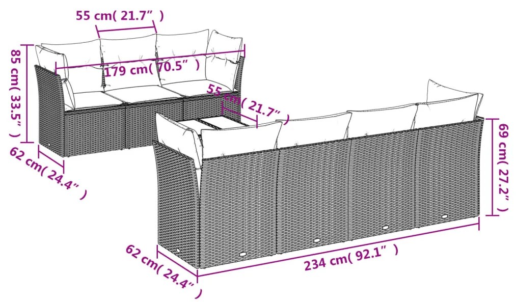 8 részes világosszürke polyrattan kerti ülőgarnitúra párnával