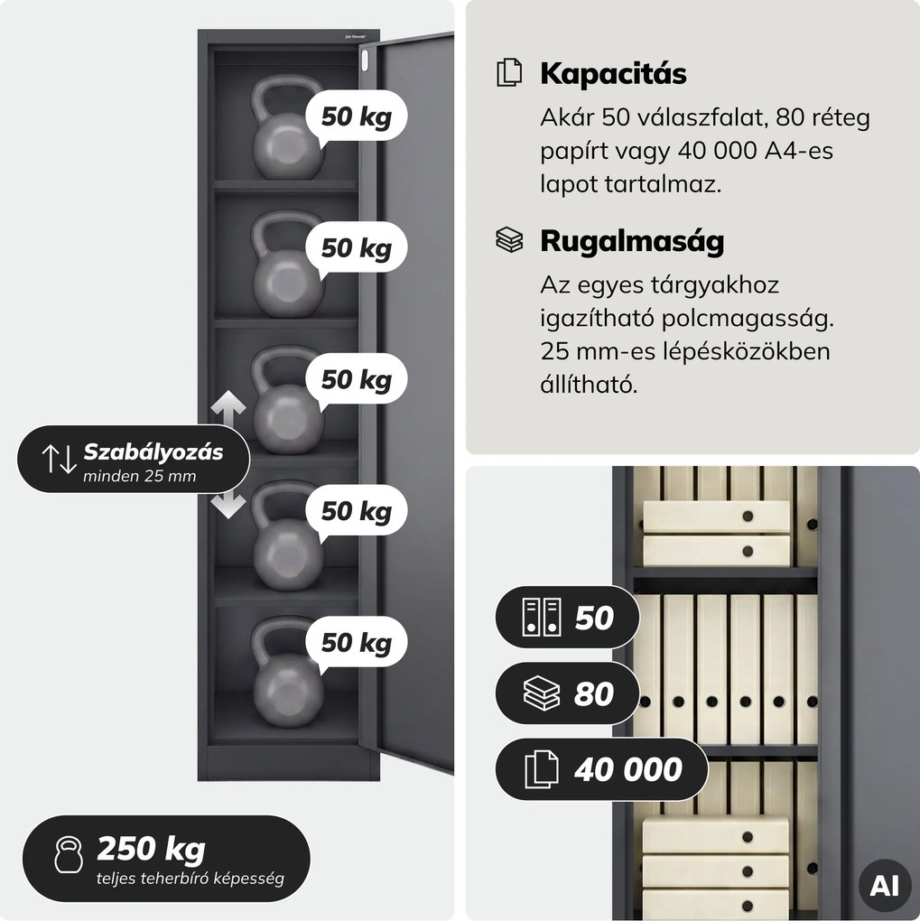 Kartotékos iratszekrény kulcsos antracit, 450x1850x600 mm: ALEX D600