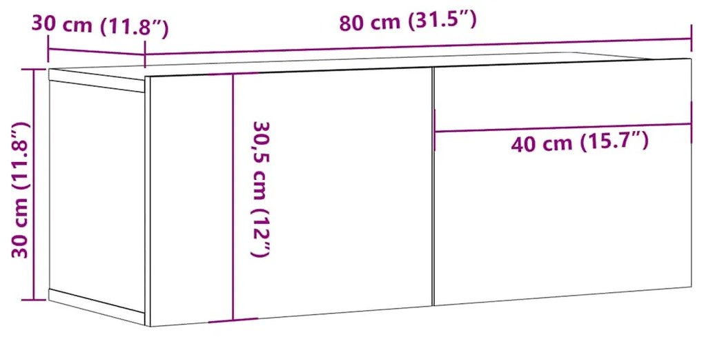 kézműves tölgy színű szerelt fa fali TV-szekrény 80x30x30 cm