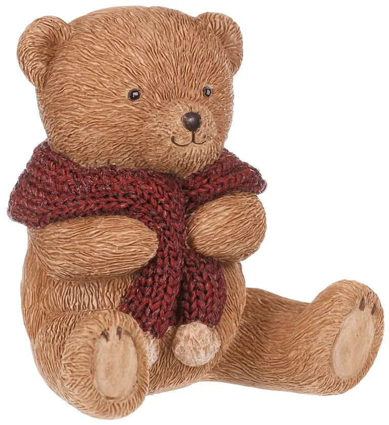 Medve piros sállal dekoráció, polirezín, 10 cm